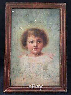 Ancien tableau huile sur panneau portrait de jeune fille XIXe