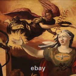Ancien tableau huile sur panneau religieux Allégorie ennemis foi 17ème siècle