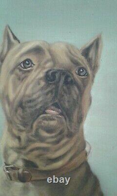 Ancien tableau huile sur toile. Portrait chien. Signé