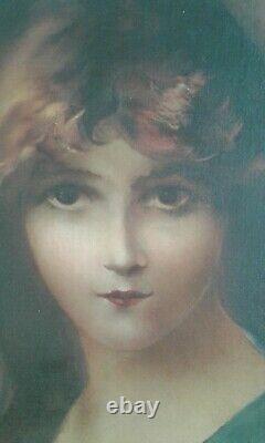Ancien tableau huile sur toile. Portrait jeune femme à la chevelure rousse. 1900