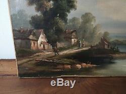 Ancien tableau huile sur toile XIXème petit village au bords de l eau