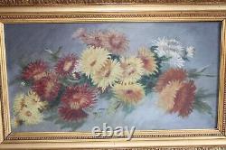 Ancien tableau, huile sur toile, bouquet de fleurs marguerites, cadre doré