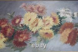 Ancien tableau, huile sur toile, bouquet de fleurs marguerites, cadre doré
