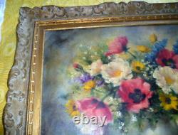 Ancien tableau huile sur toile bouquet fleurs signé Pierre Sorel 1950 cadre doré