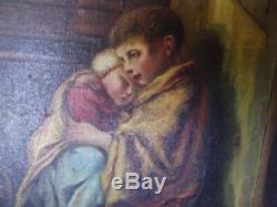 Ancien tableau huile sur toile enfants misérables scène de genre peinture signé
