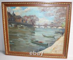 Ancien tableau huile sur toile, non signée, Quai de Seine Pont des Arts, 55x46