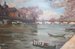 Ancien tableau huile sur toile, non signée, Quai de Seine Pont des Arts, 55x46