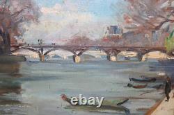 Ancien tableau huile sur toile, non signée, Quai de Seine Pont des Arts, 55x46