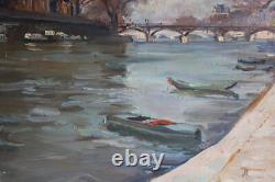 Ancien tableau huile sur toile, non signée, Quai de Seine Pont des Arts, 55x46