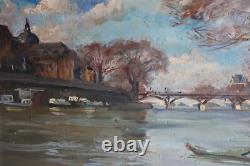 Ancien tableau huile sur toile, non signée, Quai de Seine Pont des Arts, 55x46