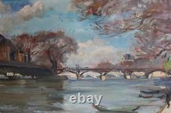 Ancien tableau huile sur toile, non signée, Quai de Seine Pont des Arts, 55x46