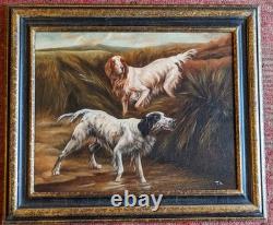 Ancien tableau huile sur toile peinture ancienne chien scène nature chasse cadre