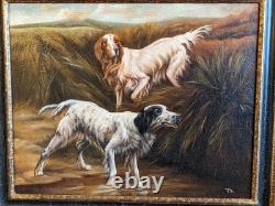 Ancien tableau huile sur toile peinture ancienne chien scène nature chasse cadre