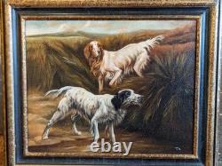 Ancien tableau huile sur toile peinture ancienne chien scène nature chasse cadre