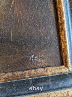 Ancien tableau huile sur toile peinture ancienne chien scène nature chasse cadre