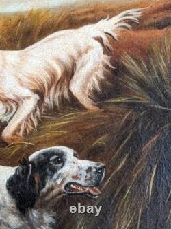 Ancien tableau huile sur toile peinture ancienne chien scène nature chasse cadre
