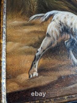 Ancien tableau huile sur toile peinture ancienne chien scène nature chasse cadre