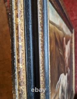 Ancien tableau huile sur toile peinture ancienne chien scène nature chasse cadre