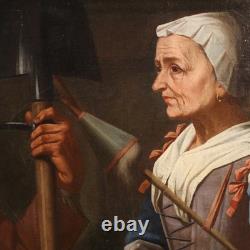 Ancien tableau huile sur toile portrait scène genre école lombarde 17ème siècle