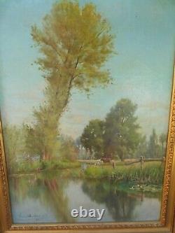 Ancien tableau huile sur toile signé 1885 VACHES AU PTURAGE au bord de l'eau