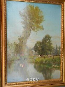 Ancien tableau huile sur toile signé 1885 VACHES AU PTURAGE au bord de l'eau