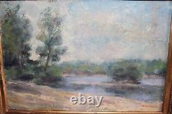 Ancien tableau huile sur toile signée JOUAN, vue de la Loire, plage