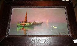 Ancien tableau huile sur toile signée marine avec bateaux peinture contemporaine