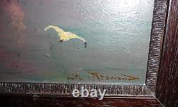 Ancien tableau huile sur toile signée marine avec bateaux peinture contemporaine