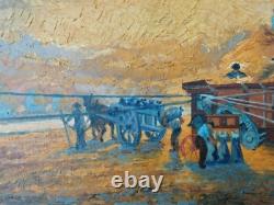 Ancien tableau huile sur toile travail agricole moisson oil on canvas gautreau