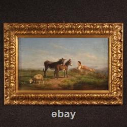 Ancien tableau italien huile sur toile peinture signée paysage bucolique 800