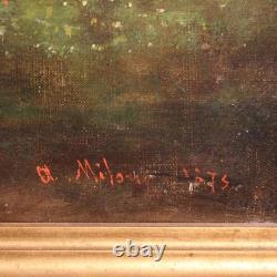 Ancien tableau italien huile sur toile peinture signée paysage bucolique 800