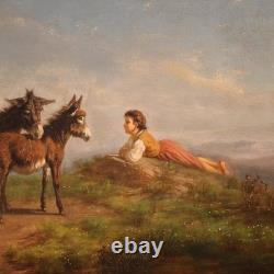 Ancien tableau italien huile sur toile peinture signée paysage bucolique 800