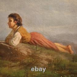 Ancien tableau italien huile sur toile peinture signée paysage bucolique 800