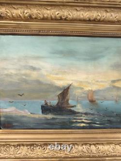 Ancien tableau marine huile sur toile 1889, cadre doré sculpté signé
