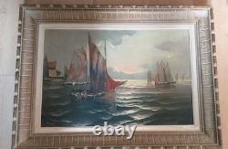 Ancien tableau marine huile sur toile signé Gillet bâteau mer cadre