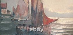 Ancien tableau marine huile sur toile signé Gillet bâteau mer cadre