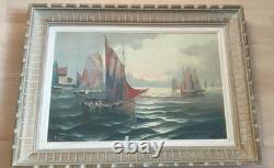 Ancien tableau marine huile sur toile signé Gillet bâteau mer cadre