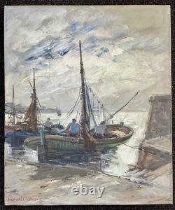Ancien tableau marine mer bateau port animé pêcheur Bretagne paysage peinture XX