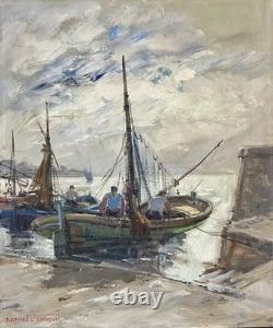 Ancien tableau marine mer bateau port animé pêcheur Bretagne paysage peinture XX