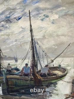 Ancien tableau marine mer bateau port animé pêcheur Bretagne paysage peinture XX
