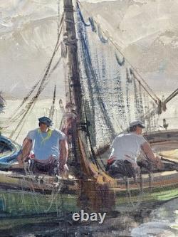 Ancien tableau marine mer bateau port animé pêcheur Bretagne paysage peinture XX