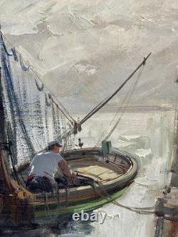 Ancien tableau marine mer bateau port animé pêcheur Bretagne paysage peinture XX