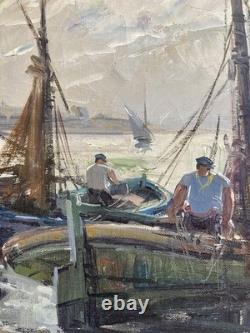 Ancien tableau marine mer bateau port animé pêcheur Bretagne paysage peinture XX