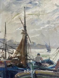 Ancien tableau marine mer bateau port animé pêcheur Bretagne paysage peinture XX