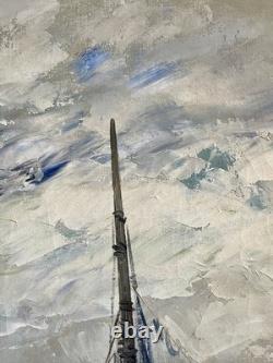 Ancien tableau marine mer bateau port animé pêcheur Bretagne paysage peinture XX