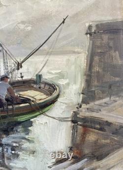 Ancien tableau marine mer bateau port animé pêcheur Bretagne paysage peinture XX