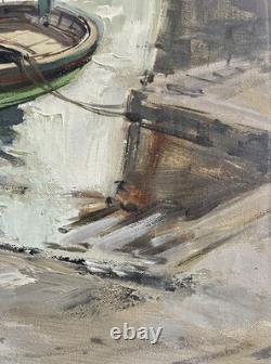 Ancien tableau marine mer bateau port animé pêcheur Bretagne paysage peinture XX