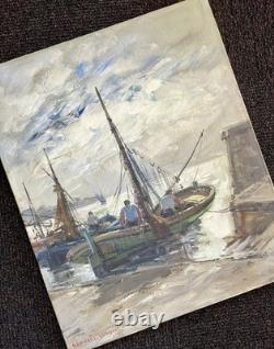 Ancien tableau marine mer bateau port animé pêcheur Bretagne paysage peinture XX