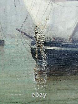 Ancien tableau marine signé huile sur toile oil canvas cadre a clavettes