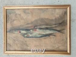 Ancien tableau nature morte poisson huile sur toile marqué N. TONITZA oil canva